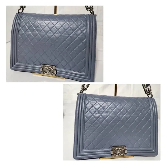 Authentic CHANEL Lambskin Quilted Large Boy Flap Shoulder Bag Grey Bags